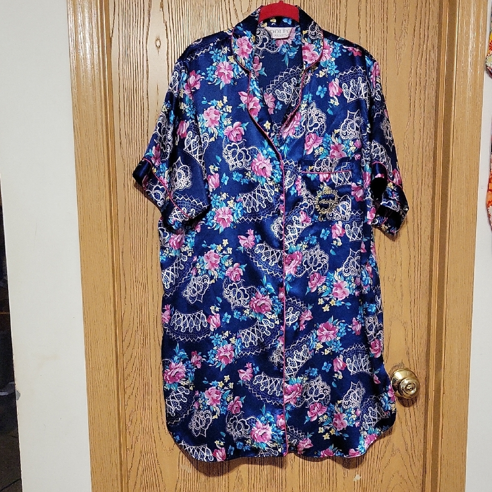 Adolfo Blue and Pink Floral Satin Sleepwear Shirt Size M